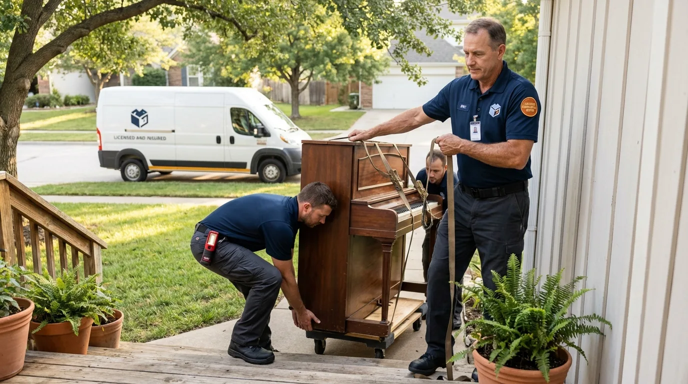 Licensed piano movers securing grand piano in Spring Lake, MI